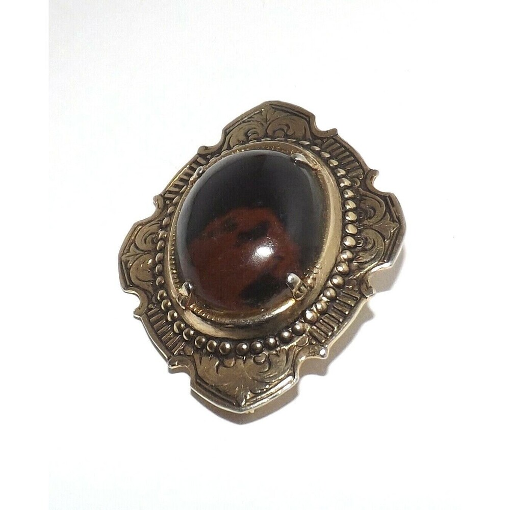 Antique Victorian Agate Gold tone Brooch Pin Old Estate Jewelry